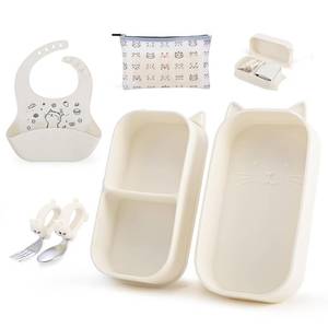 lot 4257 image: Mossora Baby Suction Plates for Toddlers, 6Pcs Travel Silicone Feeding Set for ToddlersKids, Foldable, Non-Slip Dishwasher Safe Plates & Utensils, BPA Free, Cat Design Gift Ready (Beige)
