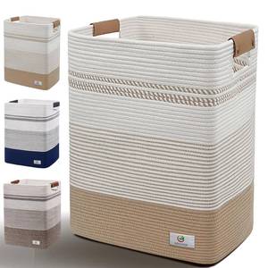 lot 5384 image: AINUOQI Laundry Hamper Large Laundry Basket with Leather Handles, Decorative Storage Cotton Rope Woven Basket for Blankets, Clothes Hamper for Living Room, Jute & White, 85L