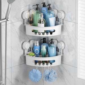 lot 6084 image: TAILI Suction Corner Shower Caddy, Bathroom Shelf Storage Basket Wall Mounted Organizer for Shampoo, Conditioner, Plastic Rack for Kitchen&Bathroom, Drill-Free Removable (2 Pack)