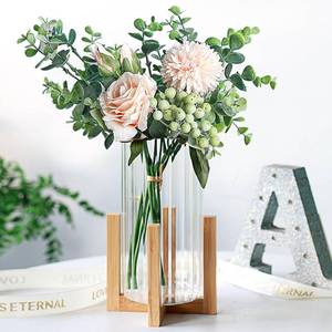 lot 6092 image: Glass Cylinder Vase with Wood Base,Bud Vase for Centerpieces,8 Inches Clear Ribbed Flower Vase,Tall Glass vase Hurricane Candle Holder,Wooden Vase Decorative for Home Decor,Wedding,Housewarming Gift