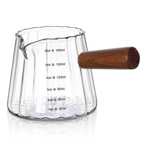 lot 6095 image: Joeyan 6 oz Glass Measuring Cups with Spout,Borosilicate Glass Triple Pitcher with Scale,Origami Style Espresso Shot Glasses with Wood Handle for Coffee Milk,Dishwasher Safe