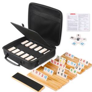 lot 6098 image: WOOIIROM Rummy Cube Game 6 Players Edition with 6 Wooden Racks, 160 Numbers Rummy Tiles, Premium Waterproof Portable Case, Rummy Travel Game Set - Classic Board Games for Family Adults