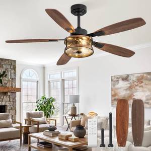 lot 7241 image: Fanbulous Farmhouse Ceiling Fan with Light and Remote, 52 Black Rustic Flush Mount Ceiling Fans for Bedroom Living Room, Industrial Caged Ceiling Fan for 6 Speed Reversible Motor, 5 Dual Blades