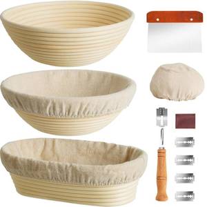 lot 7246 image: Banneton Bread Proofing Basket, Kikcoin Round Oval Proofing Basket Set of 3 (9 Round & 10 Round & 10 Oval), Sourdough Proofing Basket with Linen Liner, Bread Lame, Metal Scraper