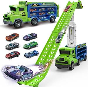 lot 7261 image: Toddler Car Truck Toys,Car Carrier Truck Toys for Kids Age 3-5 4-8,Foldable Car Track Sets with 2.8-Ft Race Track and 6 Die-Cast Race Cars, Truck Toys Gifts for 3 4 5 6 7 8 Year Old Boys Girls(Green)