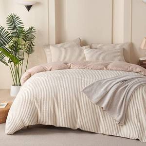 lot 7264 image: Duvet Cover King Striped Beige, 100% Washed Microfiber Jacquard 3 Pieces Beige King Striped Bedding Sets, with Zipper Closure & Corner Ties, Lightweight Soft Comfort Breathable (No Comforter)