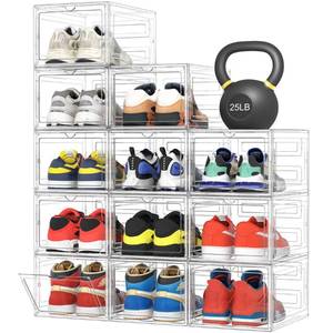 lot 7294 image: Pinkpum Upgraded Hard Shoe Storage Box 12 Pack X-Large Fit Size 12, Thicken & Sturdy Clear Plastic Stackable Shoe Organizer Box Closet, Sneaker Storage Display Case Holder Bins with Magnetic Door