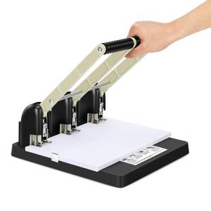 lot 7298 image: Heavy Duty 3 Hole Paper Punch,150 Sheet Capacity,Ergonomic Handle, Large Capacity Tray and Durable Metal, for Office, Home & Print Shop Use,Replaceable Cutter Head