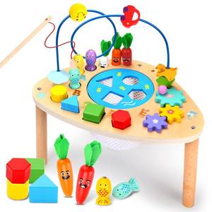 lot 7299 image: wingyz Activity Table for 1 Year Old, 6 in 1 Wooden Montessori Activity Center Play Table with Bead Maze Shape Sorter Fishing Game, Kids Sensory Educational Toddler Learning Toys