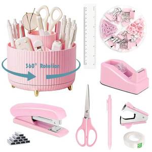 lot 7315 image: Gawsey Desk Organizers and Accessories Set with 360-Degree Rotating Pen Holder, Tape Dispenser, Stapler, Staple Remover, 1000 Staples, Tape, Clips Set, Ruler, Scissor, Pen