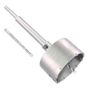 lot 7317 image: 4 Concrete Hole Saw, 102mm Tungsten Steel Core Bit for Cinder Block, Brick, Rock, Plank Walls for Pipes or mini Split Lines, with SDS Plus Shank and 2 Center Positioning Drill Bits.