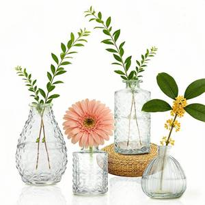 lot 8152 image: CHROWOODBIN Glass Bud Vases Set of 4,Small Vase for Flowers,Clear Vintage Embossed Mini Vases,Flower Arrangements in Vases for Party or Home Decor (A)