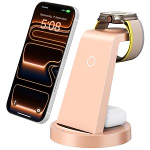 lot 8156 image: Anlmz 3 in 1 Charging Station for iPhone, Wireless Charger for iPhone 17 16e 16 15 14 13 12 11 X Pro Max & Apple Watch - Charging Stand Dock for AirPods (Rose)