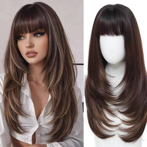 lot 8165 image: MINLEE Brown Highlights Wig with Bangs for Women Long Wavy Brown Wigs 4x4 Realistic Scalp,26 Inch Layered Brown Hair Wigs Heat Resistant Synthetic Wigs