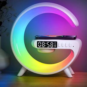lot 8169 image: XCDIFA Mini LED Table Lamp with 4-in-1 Wireless Charger, Night Light, Sunrise Alarm Clock, Bluetooth Speaker, Smart Atmosphere Table Lamp for Bedroom, Office, Home Decor (White)