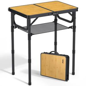 lot 13888 image: Anbte 2ft Camping Table Foldable with Storage Net, 3 Adjustable Heights Aluminum Small Folding Table Lightweight, Portable Handle for Travel Outdoor Beach Camping Picnic, 23.2 x 16, Light Oak Grain