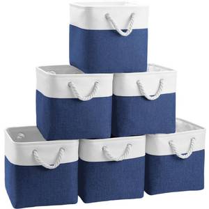 lot 13890 image: FinishingBo Cube Storage Baskets, 6 Pack 11x11 inch with Cotton Handles for Closet, Shelves, Clothes, Towel (WhiteNavy Blue)