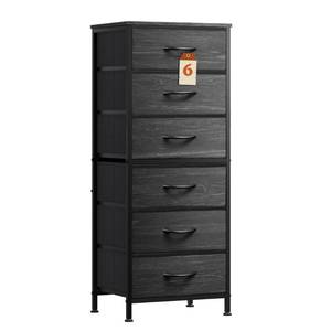lot 13910 image: WLIVE Tall Dresser for Bedroom, 6 Drawer Dressers & Chests of Drawers, Fabric Dresser for Closet, Night Stand with Metal Frame, Storage Tower with Fabric Bins, Woodtop, Charcoal Black Wood Grain Print