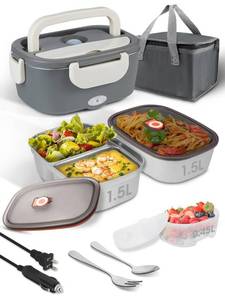 lot 13911 image: SOHIDA Electric-Lunch-Box-Heated-Food Warmer, 80W Heating Lunchbox for Adults, 2 Pack 1.5L Stainless Steel Containers, 1224110V Portable Warmer for WorkCar Lonchera El�ctrica Port�til (Beige)