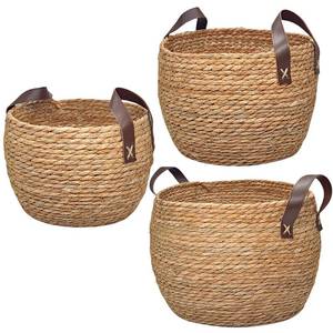 lot 13942 image: GIB Round Wicker Woven Seagrass Storage Baskets with Leather Handles Set of 3, Natural Decorative Braided Rope Wicker Baskets Bins for Shelves Blankets Organizing, 13, 12 & 11