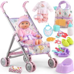 lot 13952 image: Baby Doll with Stroller Set for Realistic Pretend Play for 3 4 5 6 7 Year Old Toddler Girls Gifts. Baby Stroller Toys includes 12.5-inch Baby Dolls, 2 sets Doll Clothes and 17 PCS Doll Accessories