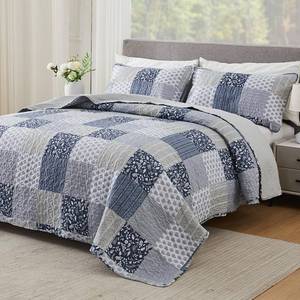 lot 13973 image: Cozyholy Navy Blue Gray Oversized King Quilt Set 128x120, 3 Piece Quilted Bedspread Set Patchwork Plaid Bedding Comforter Set Reversible Lightweight Microfiber Bed Spread Coverlet Set for All Seasons