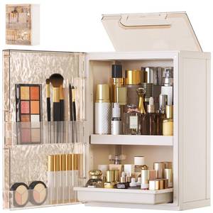 lot 13994 image: HAIXIN Makeup Organizer with Drawer & Brush Holder, Plastic Cosmetic Display Cases, Large Vanity Organizer Countertop Waterproof for Skincare, Perfume, Bathroom & Dresser (White & Amber)