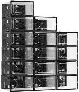lot 13997 image: Foluck Shoe Storage Box, 15 Pack Clear Plastic Stackable Shoe Organizer for Closet, Interlocking Design for Sneakers, Foldable Shoes Container Rack with Lids, Black