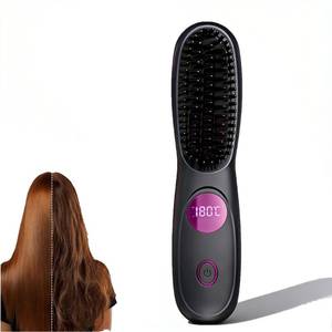 lot 14270 image: Brush Pro Cordless Hair Straightener Brush, Portable Mini Hair Straightening Brush with 3 Temperature Settings & LED Display, USB Rechargeable Fast Heating Hairs Brush for Travel