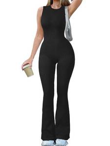 lot 14271 image: OQQ Women Yoga Jumpsuits Ribbed Crew Neck Sleeveless Bell Bottoms Flare Jumpsuits Black