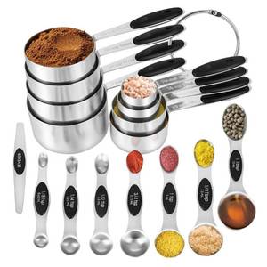 lot 14288 image: KELOFKO 16 Pieces Measuring Cups and Magnetic Measuring Spoons Set Stainless Steel,8 Measure Cups with Silicone Handle and 7 Double Sided Magnetic Measure Spoons & 1 Leveler
