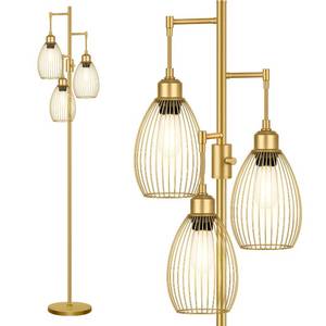 lot 14318 image: Dimmable Floor Lamp, 3 x 800LM LED Edison Bulbs Included, Farmhouse Industrial Floor Lamp Standing Tree Lamp with Elegant Teardrop Cage Head Tall Lamp for Living Room Bedroom Office Dining Room - Gold