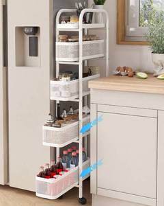 lot 15188 image: UMDONX Slim Storage Cart 5 Tier with Pull Out Basket Bathroom Organizer Rolling cart, Rolling Utility Cart Slide Out Organizer for Kitchen, Bathroom, Laundry White