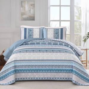 lot 15211 image: WONGS BEDDING Boho Quilt Set Super King Size, Blue Bohemian 3 Pieces Quilt Sets, Lightweight Bedspread Coverlet Bedding Set for All Season (120x114) small cut from opening box