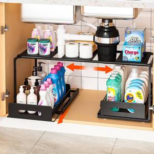 lot 15219 image: REALINN Extendable Under Sink Organizer, 2 Tier Pull Out Under Cabinet Organizer Shelf, Black Expandable Storage