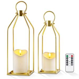 lot 15223 image: Homemory Modern Farmhouse Lantern Decor with Waterproof Flameless Candle & Remote Timer, 2PCS Gold Metal Candle Lantern Decorative for Outdoor Indoor Home Living Room Patio Porch Table (Gold)