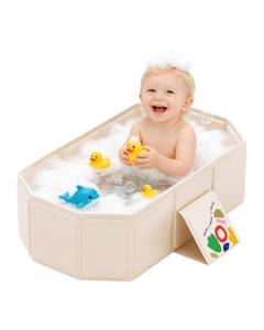 lot 16303 image: IcyByte Collapsible Baby Bathtub for Newborns to Toddlers, Foldable Infant Bath Tub with Non-Slip Base, Large Portable Travel Shower Basin for Small Spaces, Camping, Easy Storage, White