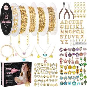 lot 16311 image: Ecoofor 18K Gold Jewelry Making Kit with Gift Box - 16.6ft 5 Rolls DIY Bracelet & Necklace Chains with 136 Pendants, Jump Rings, Lobster Clasps, Jewelry Pliers & Charm Making Kit, Christmas Gift