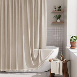 lot 16333 image: AmazerBath Farmhouse Shower Curtains for Bathroom, Tan Shower Curtain with Tassels, Taupe Rustic Faux Linen Shower Curtain Set with 12 Hooks, 72x72 Inches