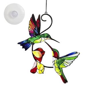 lot 16358 image: Hummingbird with Flower Stained Glass Window Hanging - 8 inch Window Hanging Stained Metals Suncatcher Humming Bird Garden Decor, Gift for Women Mothers Day Christmas (JSTY380-B)