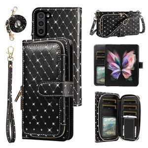 lot 16346 image: Asuwish Phone Cover for Samsung Galaxy Z Fold 6 5G 2024 Wallet Case Cell Zipper with Crossbody Lanyard Strap Bling Glitter Flip Card Holder Slot ZFold6 Z6 G Fold6 ZFold 6Z Women Girls Black