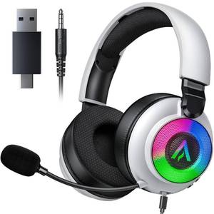 lot 16348 image: Wireless Gaming Headset for Ps5 Ps4 - 2.4GHz, Bluetooth, Wired, 7.1 Surround Sound, Noise Cancelling Mic, RGB Lights, 40H Battery, Lossless Audio, Comfy Over Ear Headphones for PC, Switch, Xbox, Mac