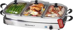 lot 13935 image: Elite Gourmet 7.5Qt Stainless Steel Buffet Server (one lid damaged)