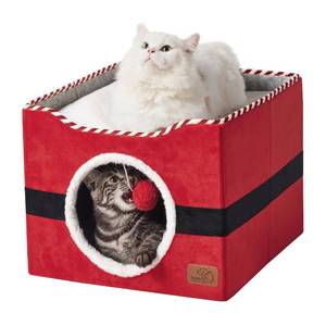 lot 1329 image: Bedsure Cat Beds for Indoor Cats - Large Cat Cave for Pet Cat House with Fluffy Ball Hanging and Scratch Pad, Foldable Cat Hideaway, 16.5x16.5x13 inches,Red