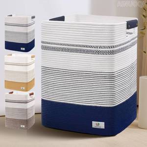 lot 1332 image: AINUOQI Large Laundry Basket - Tall Woven Rope Laundry Hamper with Leather Handles - Dirty Clothes hamper for Living room, Bedroom, 17.8 X 13.8 X 22, Dark Blue & White