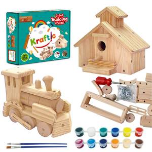 lot 1333 image: Kraftic Woodworking Building Kit for Kids and Adults, 2 Educational DIY Carpentry Construction Wood Model Kit Toy Projects for Boys and Girls - Build a Wooden Town Hall Birdhouse and Train