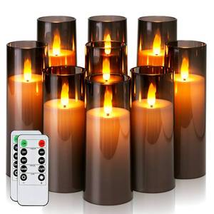 lot 1335 image: Homemory Decorative Flameless Candles, Battery Operated Candles with Remote & Timer, Flickering Led Pillar Candles, Plexiglass, Grey, Pack of 9, D2.2 xH 5 6 7