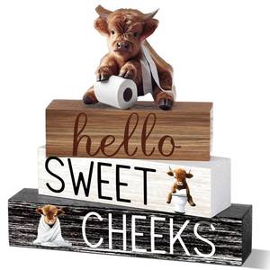 lot 2493 image: Cinnvoice 4 Pcs Bathroom Decor Farmhouse Bathroom Decoration Hello Sweet Cheeks Table Centerpiece Gift for Christmas Valentines Back to School(Highland Cow)
