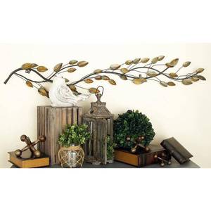 lot 3670 image: DecMode Brown Metal Slim Horizontal Leaf Wall Decor with Teal Accents