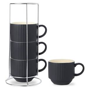 lot 3676 image: HASENSE Coffee Mug Ceramic Set of 4 with Stand - 15 oz Stackable Large Porcelain Ribbed Latte Cup Set for Cappuccino, Tea, Hot Cocoa, Drinks - Dishwasher & Microwave Safe, Black